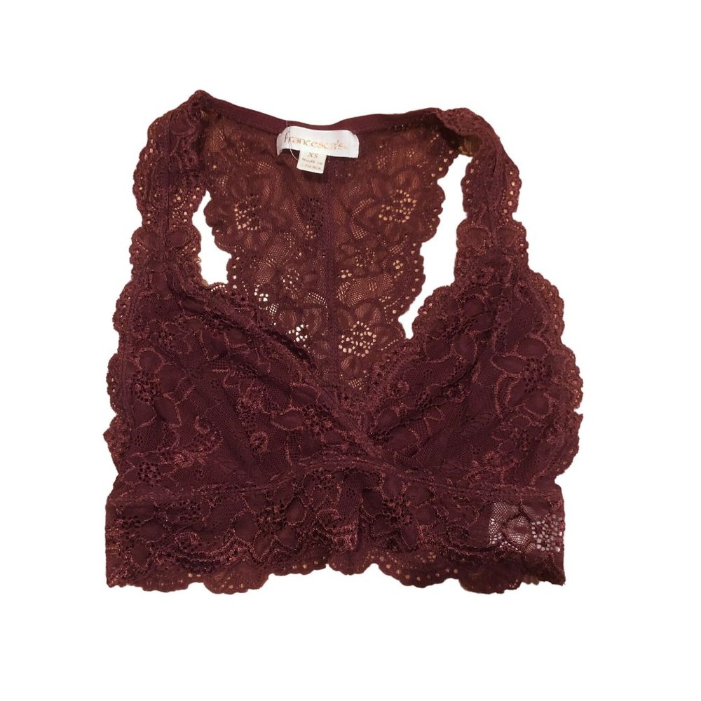 Francesca's Sheen Lace Racerback Halter Bralette Wine Red Burgundy XS Womens